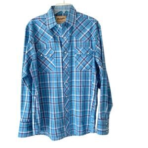 Wrangler Blue White Plaid Western Pearl Snap Button Down Long Sleeve Shirt Large